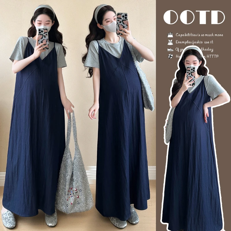 洋气孕妇装2025夏季新款简约时尚吊带宽松显瘦连衣+透气舒适打底