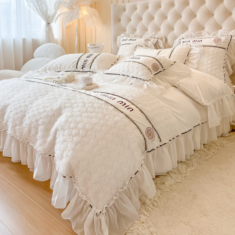 水星高档适用家纺法式轻奢仙女白色全棉床上四件套公主风蕾丝花边