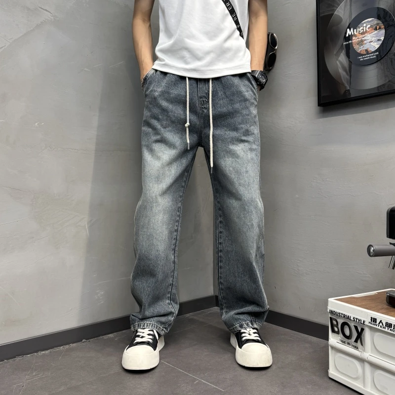秋冬2025新款抽绳直筒宽松阔腿裤水洗美式美式解构水洗阔腿牛仔裤