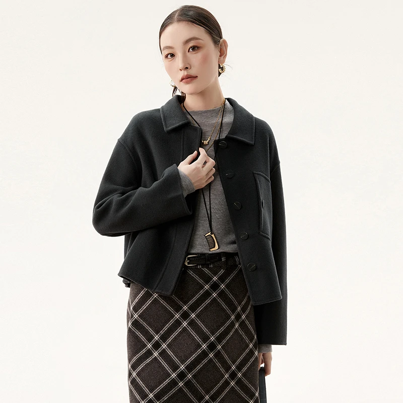 E318单排扣双面尼毛呢外套大衣女2024冬44HE1E0305