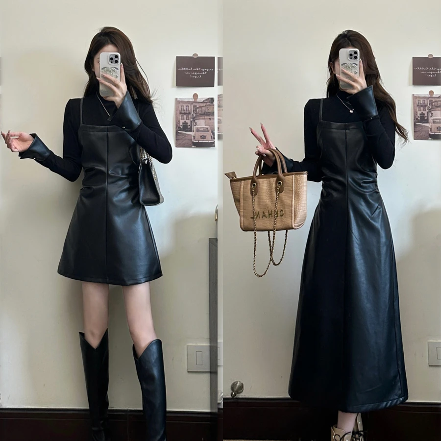 大码假两件辣妹气质拼接收腰显瘦连衣裙春秋新款时尚高级感小黑裙