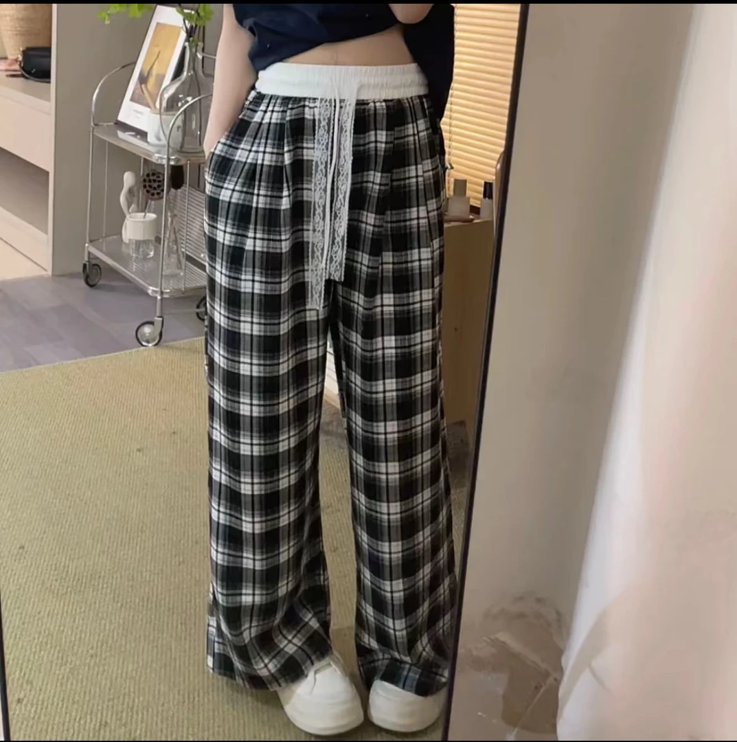 小个子夏季薄款蕾丝抽绳高腰垂感格子阔腿裤