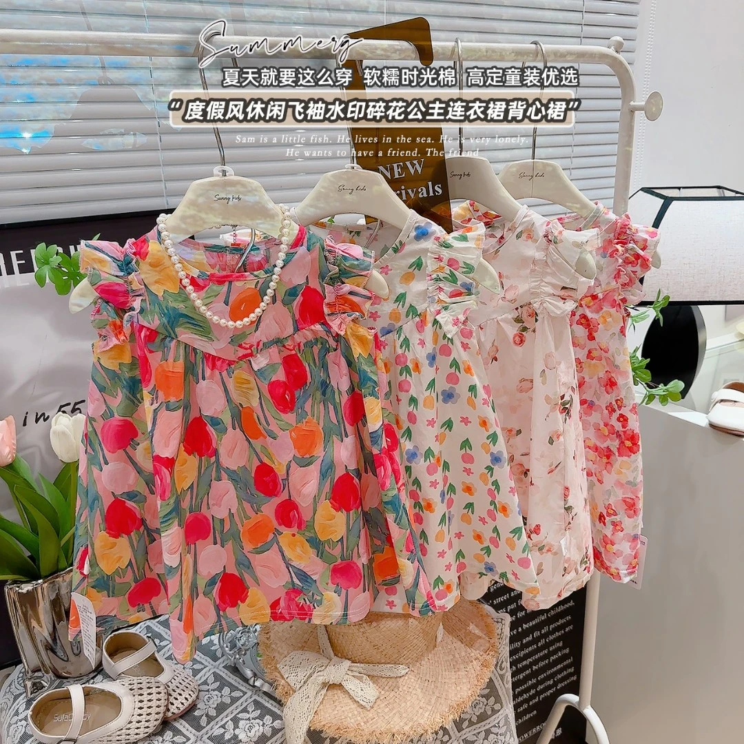 独特漂亮裙子女童夏季纯棉公主裙女童郁金香连衣裙宝宝飞袖背心裙