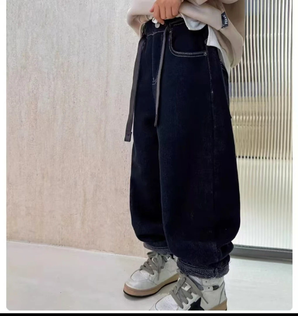 3596原色老爹一体绒儿童牛仔裤