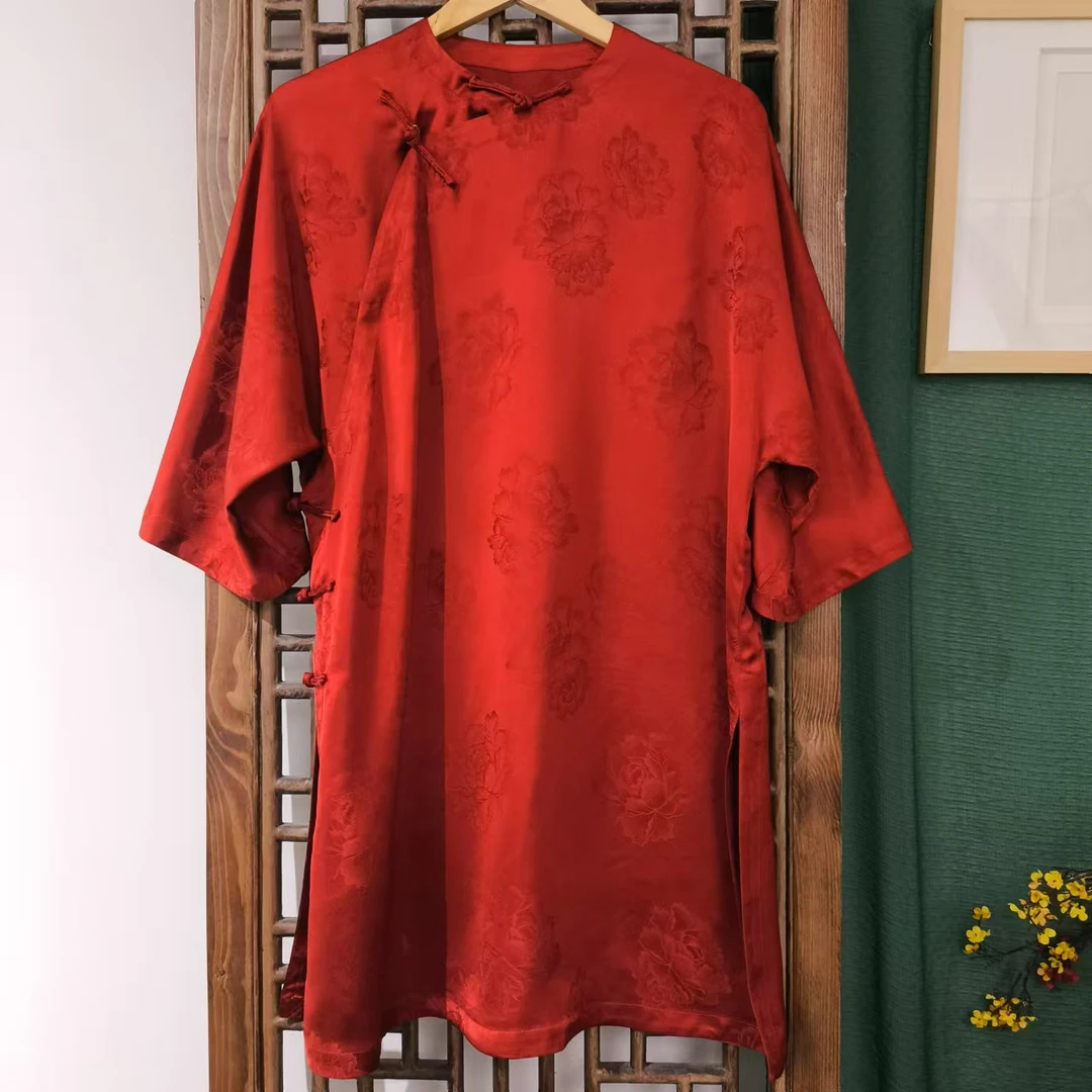 凤徕兮私人定制红色牡丹暗纹底斜襟盘扣上衣（LS458）