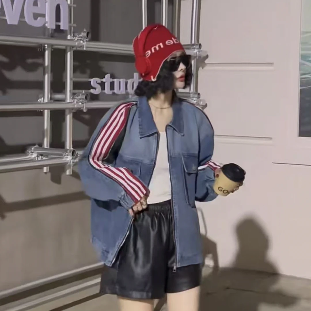 杠条拉链翻领牛仔短外套夹克女上衣秋季大码洋气休闲运动外套6085