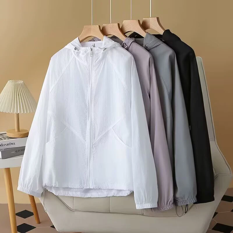 胖mm大码夏季薄款纯色连帽拼接抽绳休闲防晒外套时尚