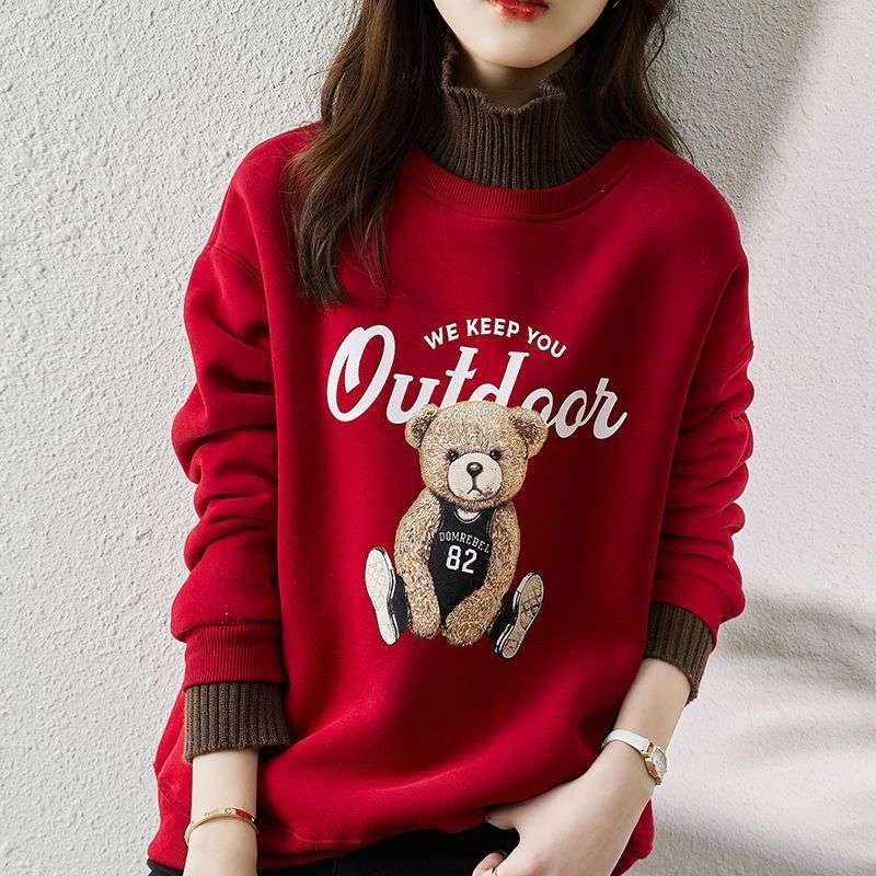 半高领加绒加厚卫衣女2022年新款春爆款宽松韩版套头假两件上衣服