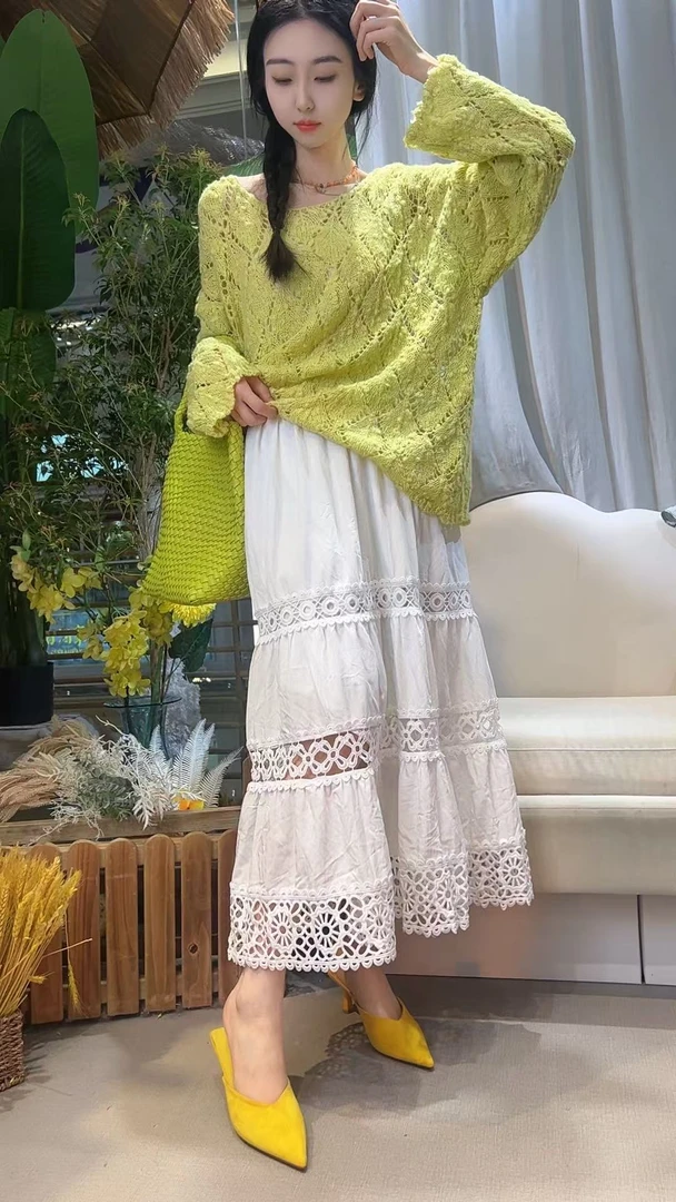 广州唐乐乐丨25new春夏仙女精致高腰重工钩花镂空半身裙BF0808