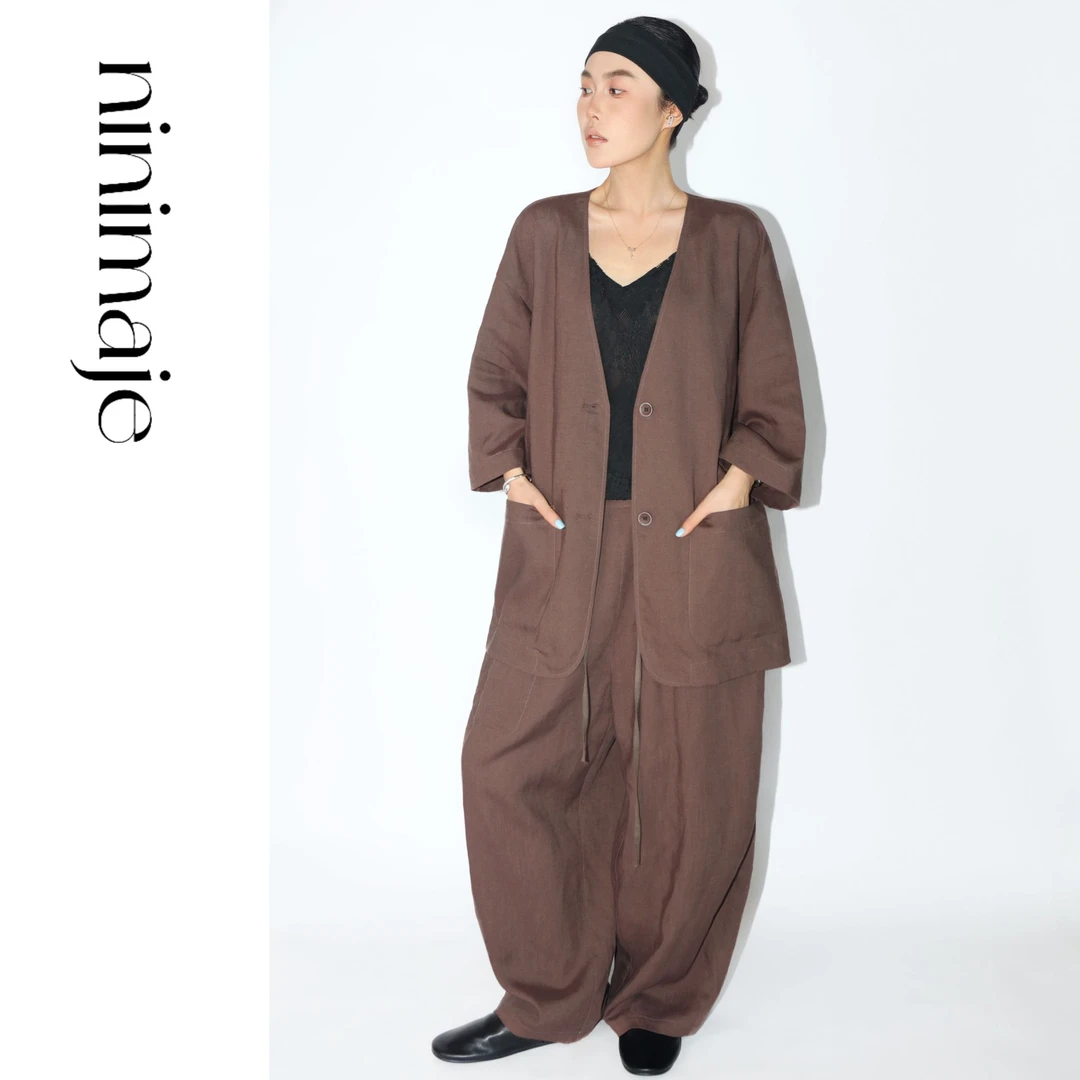 NanBeiBei '麻西装' 设计款百搭调性轻薄双扣v领西装外套 5689