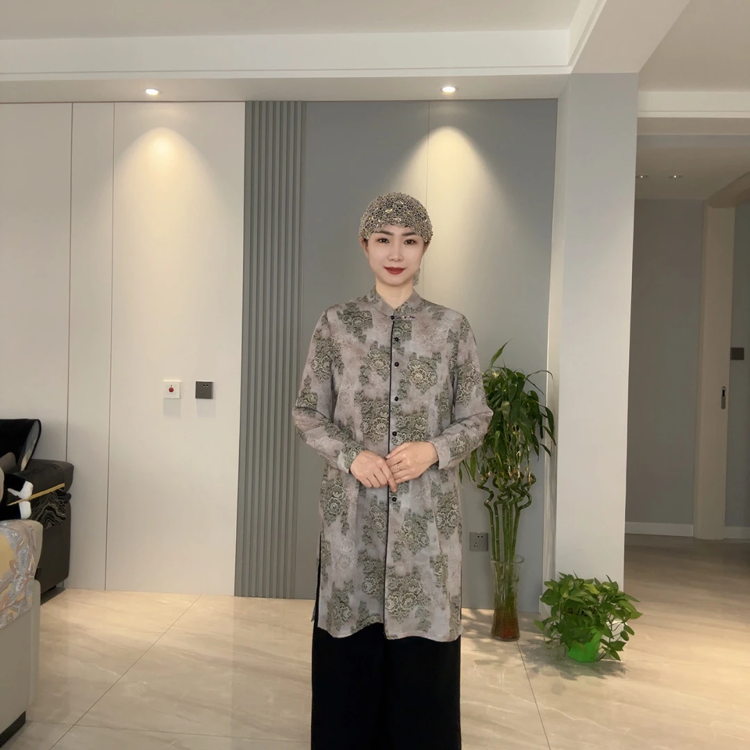 中年妈妈衬衣碎花乔其纱薄夏季衬衣时尚碎花中长衬衣