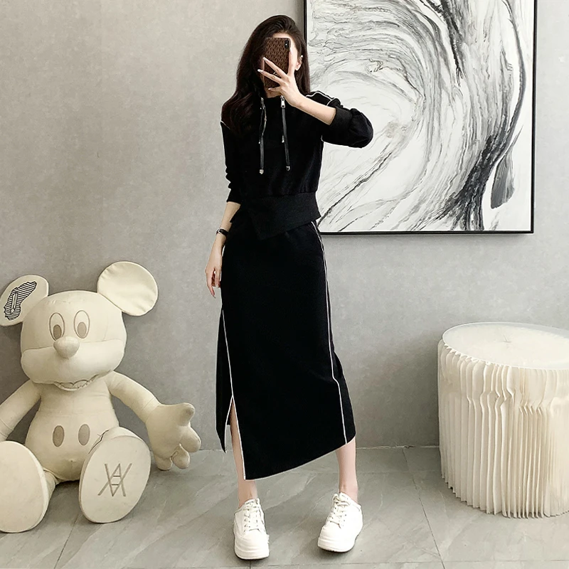 欧货独特时尚套装女春季显瘦黑色设计感小众卫衣开叉半身裙两件套