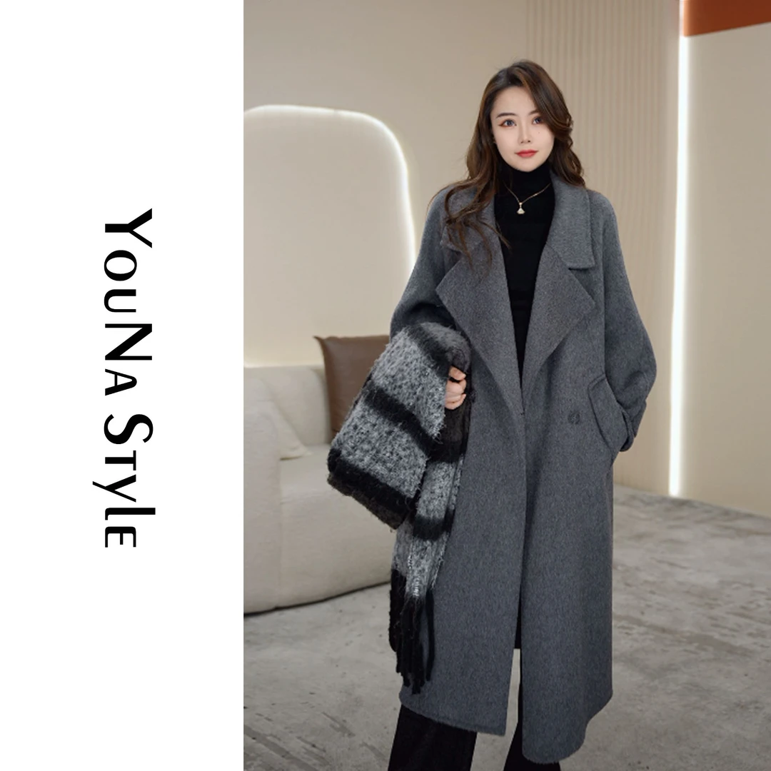 【Nina】100%绵羊毛韩版时尚气质慵懒风保暖双面羊毛大衣外套