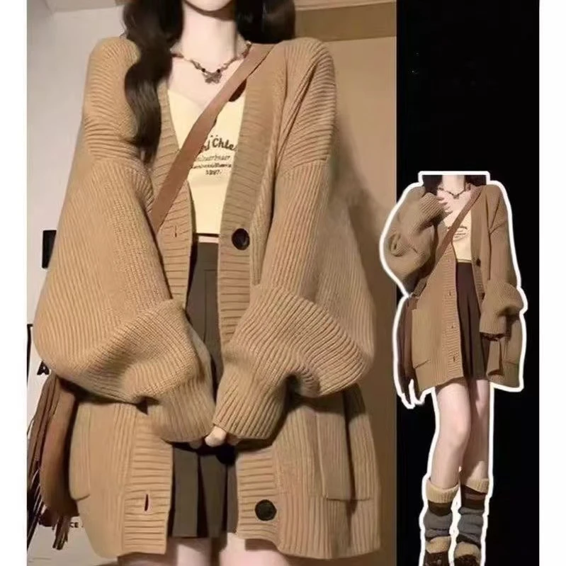 美式复古V领毛衣女春秋冬慵懒学院风小个子针织开衫外套2024新