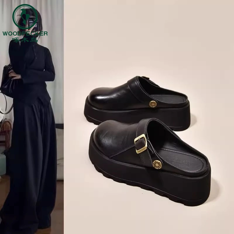 啄木鸟厚底勃肯包头半拖鞋女夏外穿2025新款休闲穆勒鞋增高单鞋