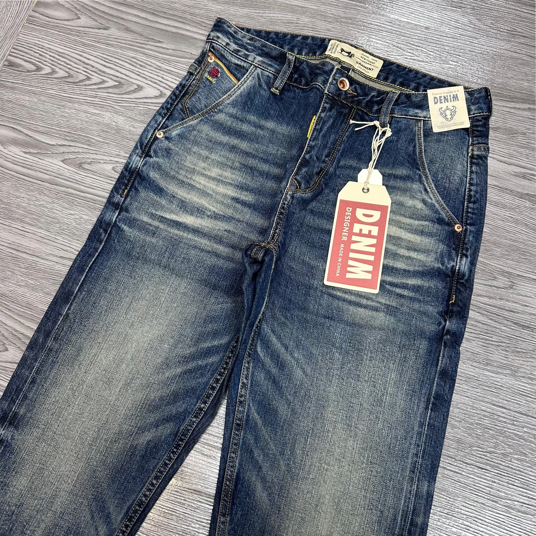 赤耳单宁高端重磅复古蓝牛仔裤男四季修身小直筒长裤时尚百搭