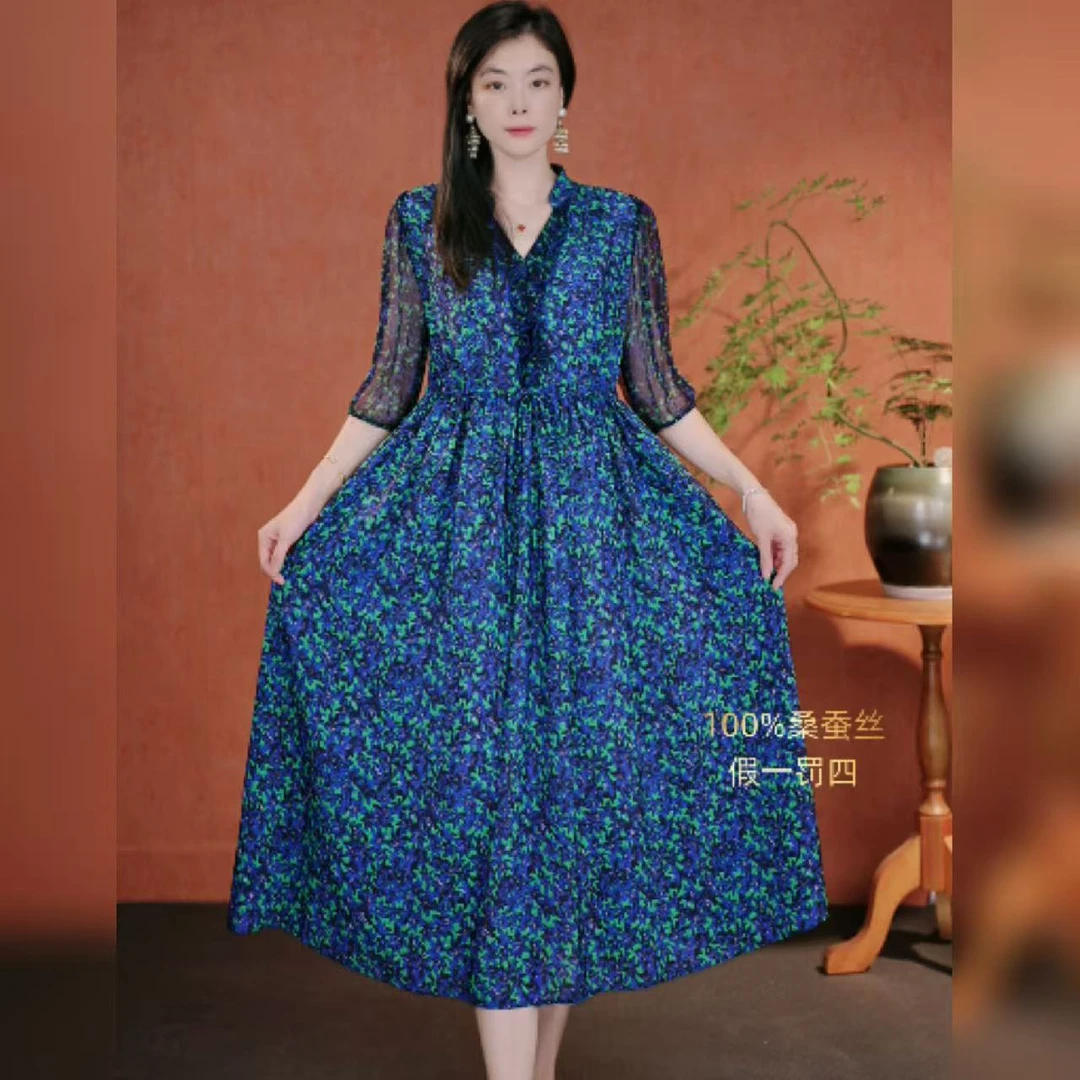 【多米拉】02525-2夏季拼接休闲风连衣裙收腰气质女装桑蚕丝裙子