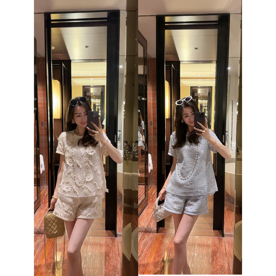 W·HAHA【捕梦网】编织镂空绣花纯棉短袖裤子两件套60775