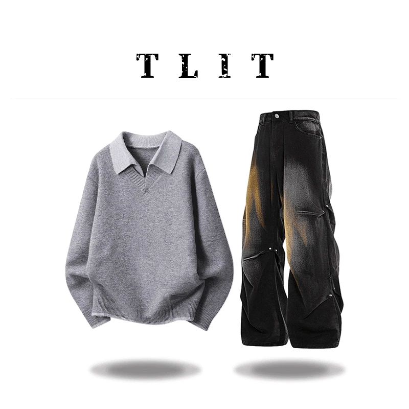 【品牌现货】TLIT衬衫领针织衫男士秋冬季叠穿假两件毛衣英伦风上衣