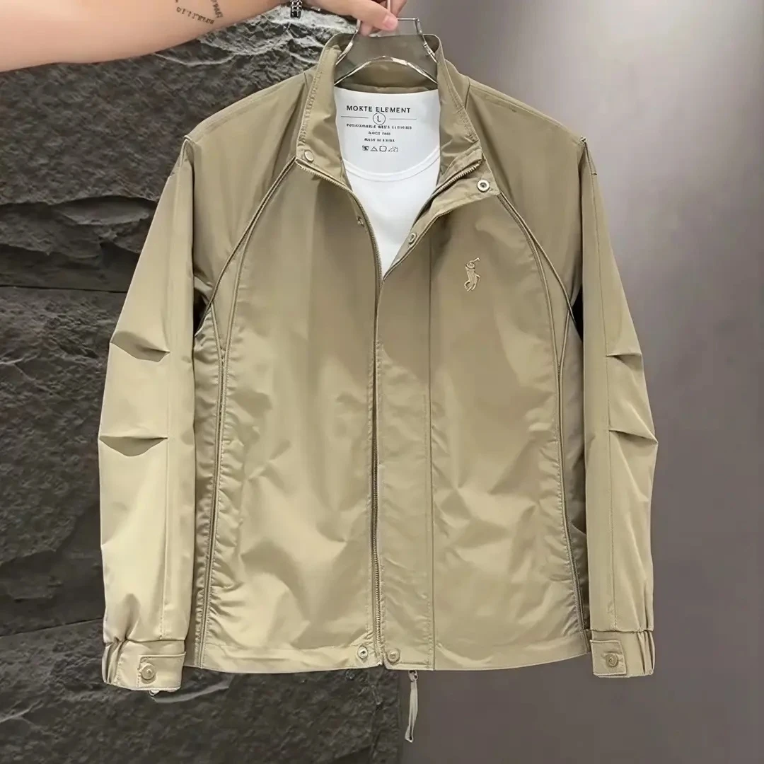 2025新款秋季时尚简约工装立领外套男士潮牌纯色修身帅气刺绣夹克