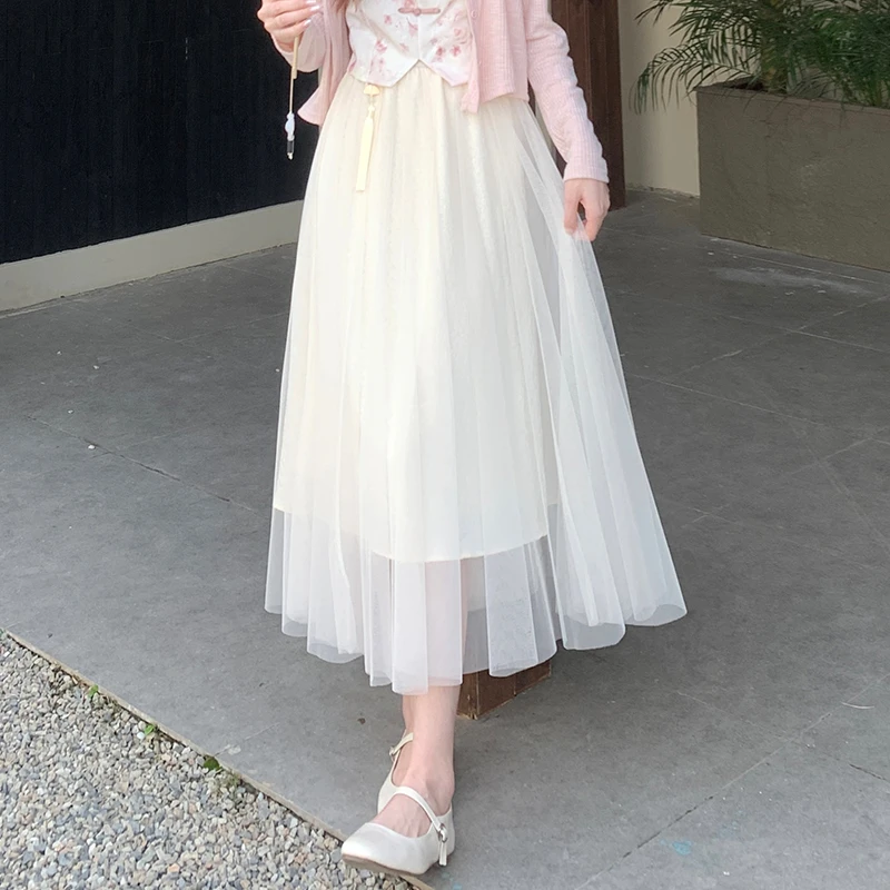 【现货】网纱百搭半身裙女2024夏季新款温柔风高腰仙女中长A字裙