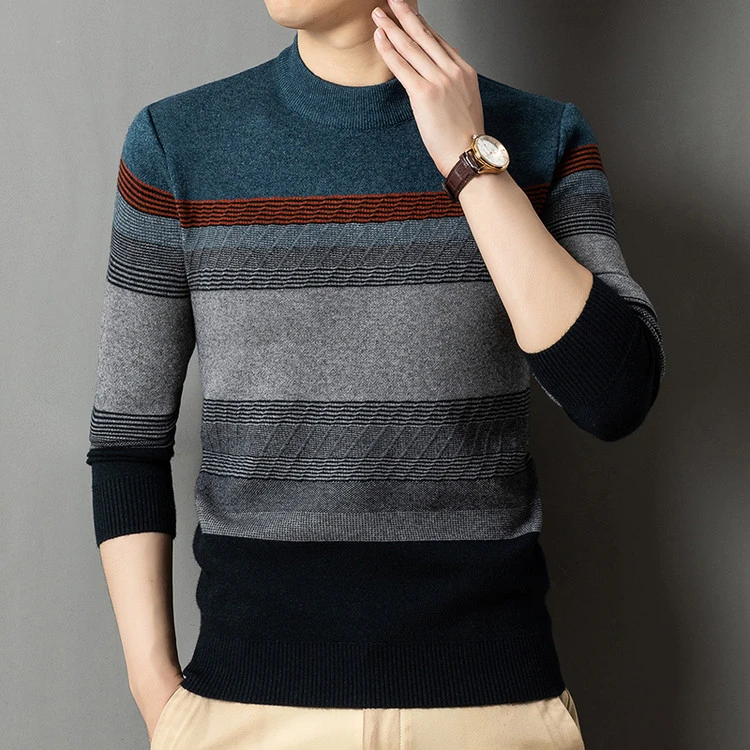 【M3】男装加绒加厚一体绒毛衣中老年上装半高领条纹百搭套头保暖