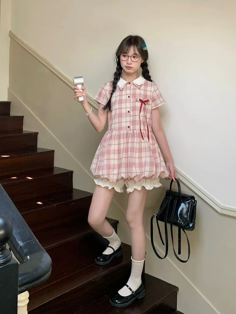 POLO领短裙单排扣常规袖大码连衣裙复古甜美工装减龄25007