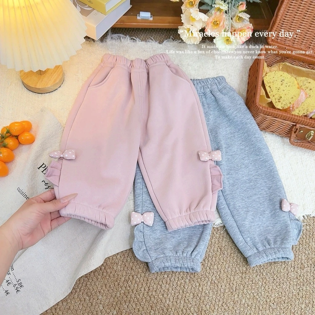 女童冬季加绒卫裤儿童甜美双层加厚休闲纯色百搭裤子宝宝外穿长裤