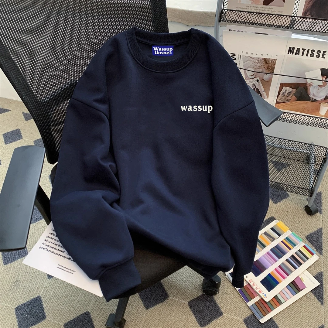 美式刺绣圆领加绒秋冬季2025新款卫衣男女宽松套头情侣装薄款上衣