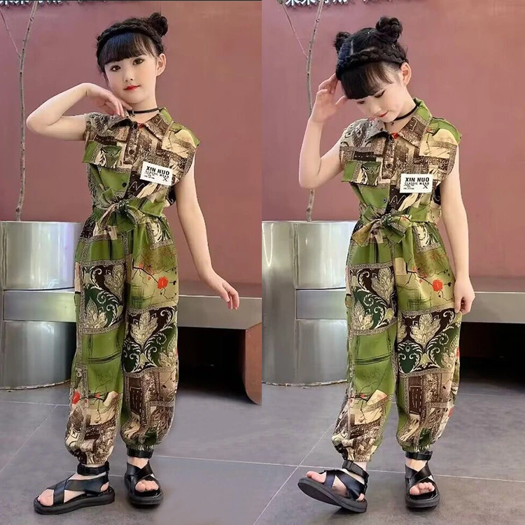 2025新款夏季时尚女童连体裤绿色印花洋气休闲百搭儿童夏装潮款