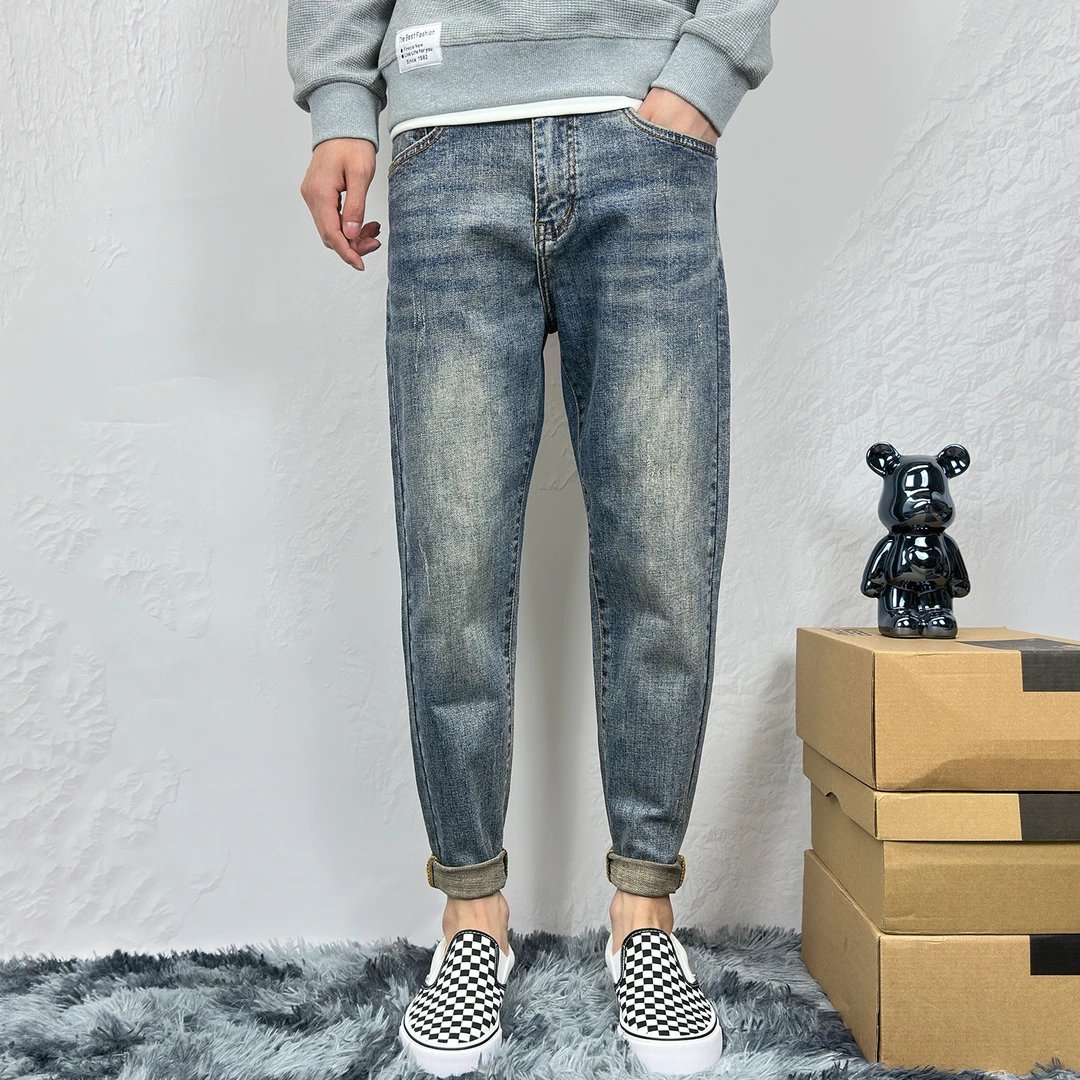 简约刮烂蓝色牛仔裤男款2025秋冬新款韩版潮流修身小脚弹力长裤子