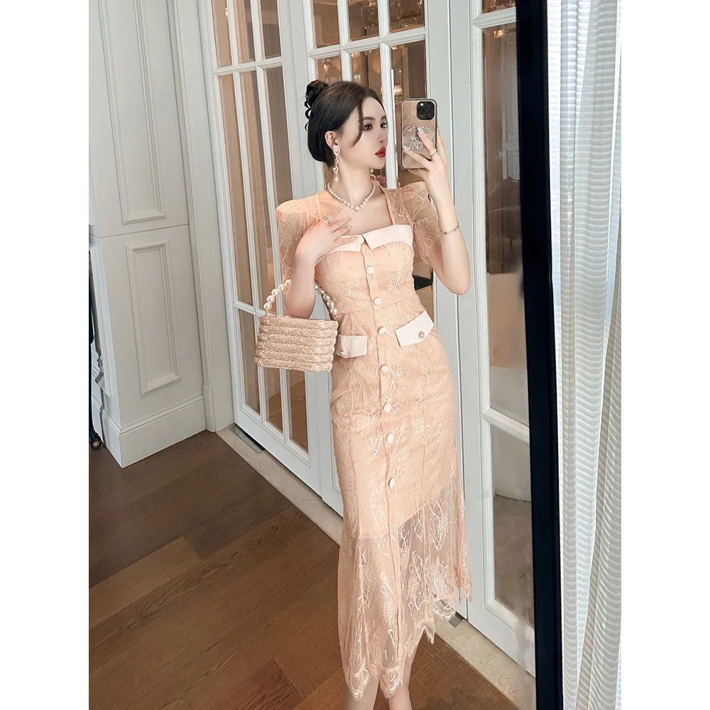 夏季新款甜美气质方领单排扣修身连衣裙初恋粉色长裙女名媛长款