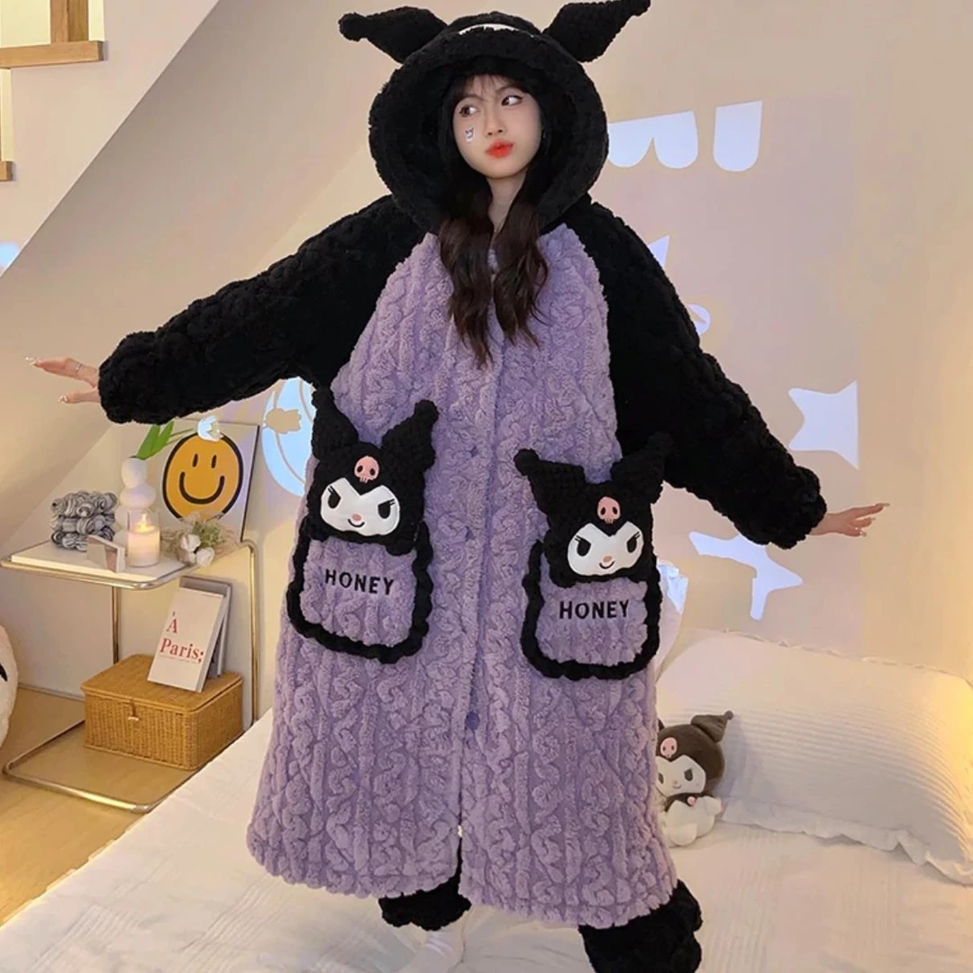 (库洛米）三层夹棉睡袍长款睡衣女冬季抗极寒加绒加厚家居服套装