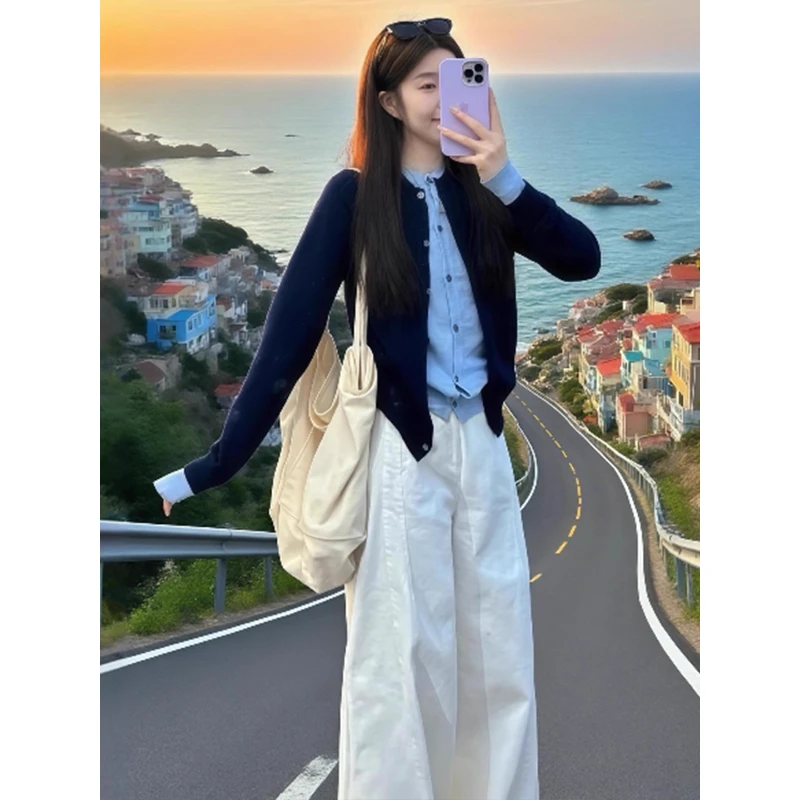 藏青色假两件设计感长袖针织开衫外套女2025新款秋季流行穿搭上衣