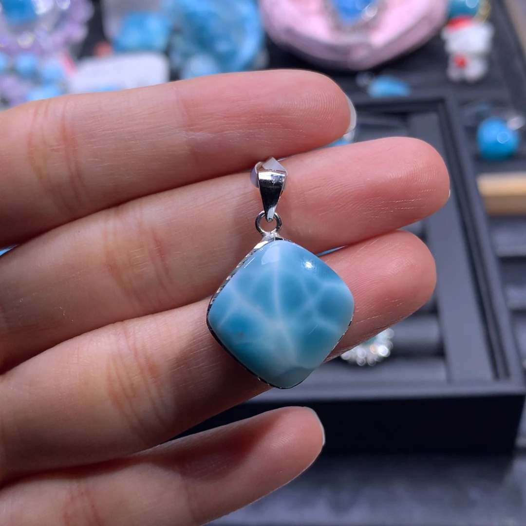 针钠钙石（海纹石）银S925镶嵌吊坠(不含链)无事牌吊坠色差略异