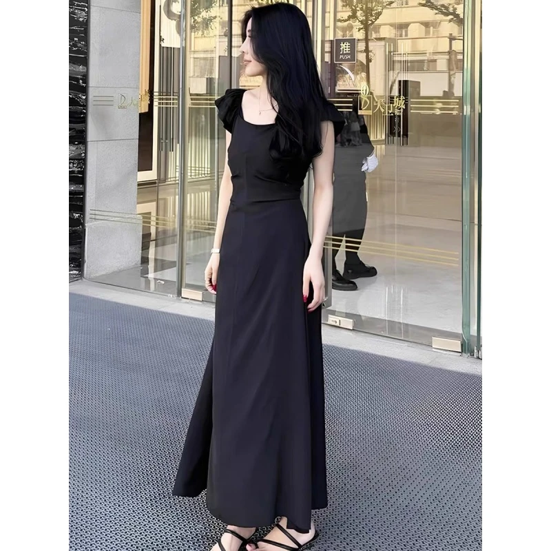 轻奢方领气质短袖连衣裙女2025夏季新款小个子高级收腰显瘦A字裙