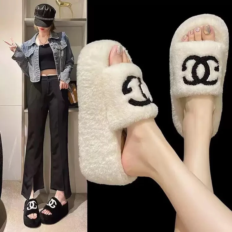 防滑耐磨平跟居家秋冬季厚底增高5-7CM一字拖秋冬季毛拖软底时尚