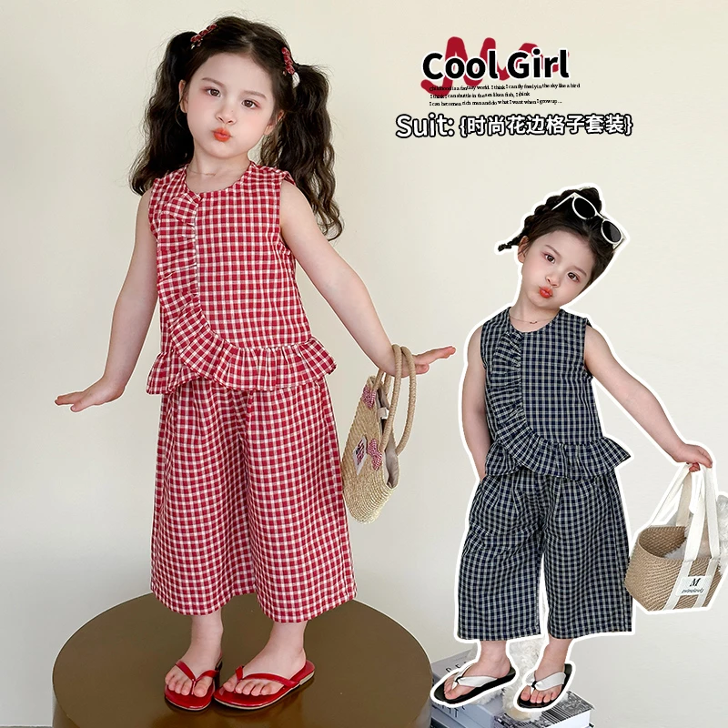 女童夏季2025新款儿童夏款女孩阔腿裤女宝宝轻薄无袖背心格子套装