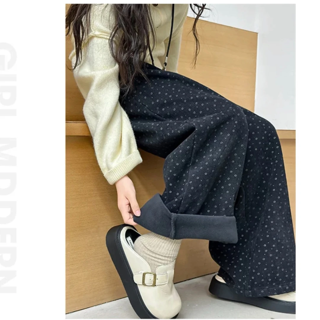 现货！亲子款！冬款女中大童装慵懒小众碎花加绒加厚宽松阔腿裤