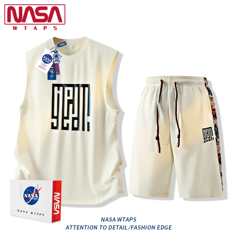 NASA WTAPS冰丝背心休闲运动套装男款夏季无袖T恤坎肩短裤两件套