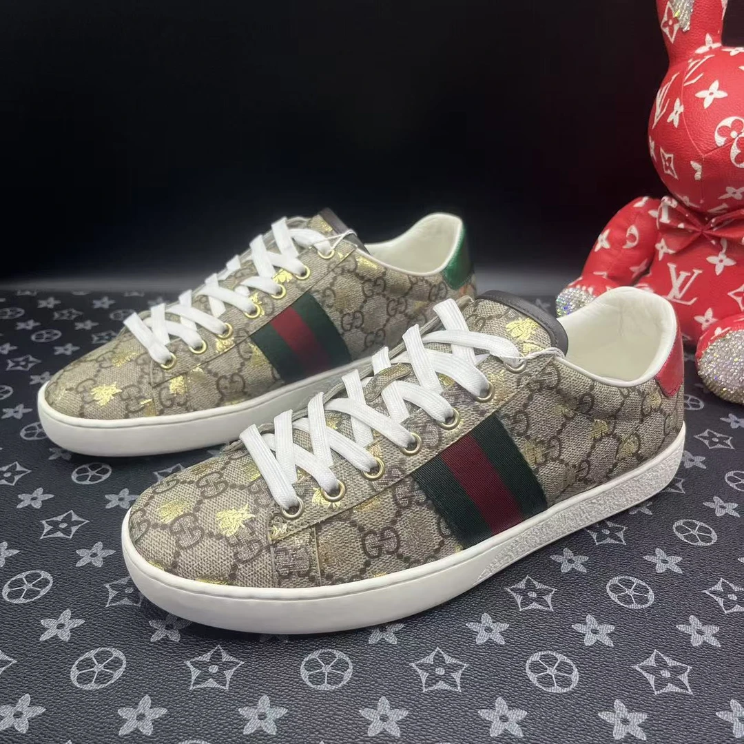 95新 GUCCI/古驰 褐色ACE烫金蜜蜂男士低帮板鞋38.5码数 ddm2816