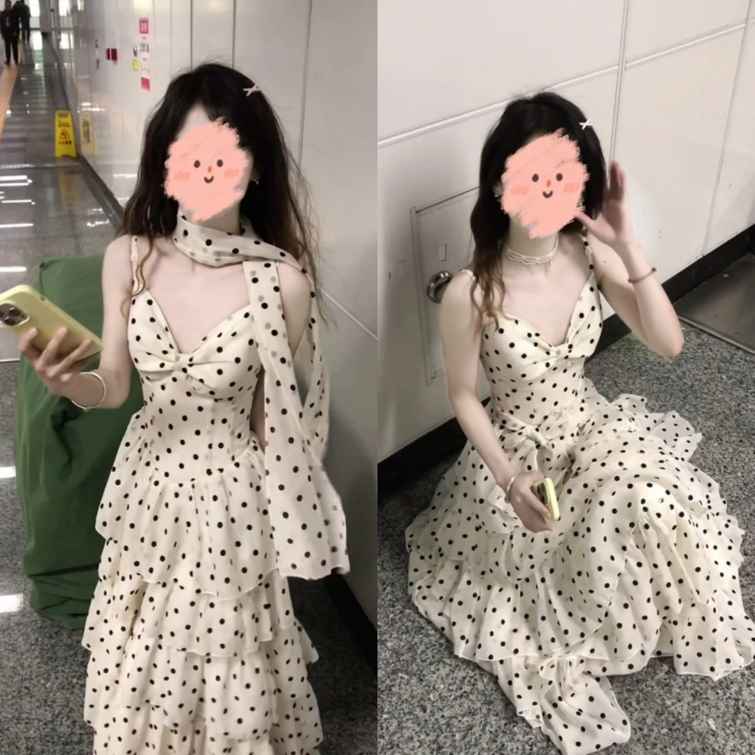 法式波点吊带连衣裙a字蛋糕裙女2025夏季新款甜美温柔风长裙