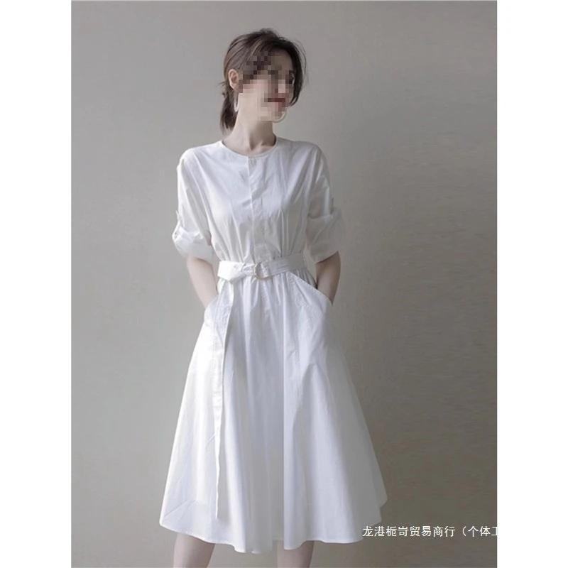 跨境4035欧洲站夏季新款冷淡风女装感气质白色衬衫连衣裙小众