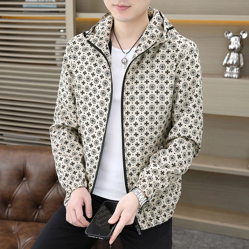 潮牌春秋商务时尚夹克男装男士连帽修身薄款上衣休闲潮流男外套