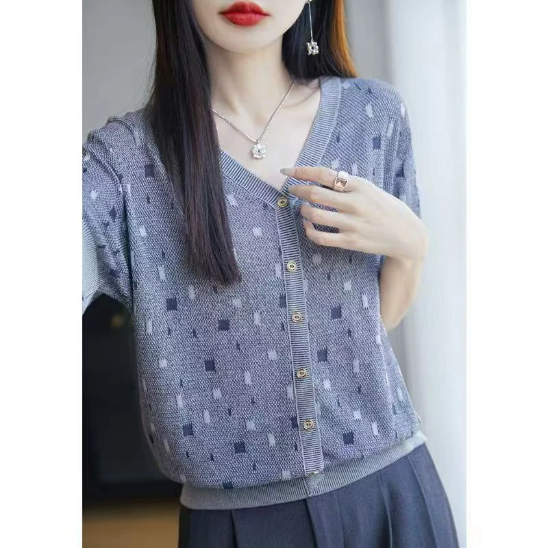 V领提花假开衫短袖针织衫-灰色O16(实物以直播间为准)