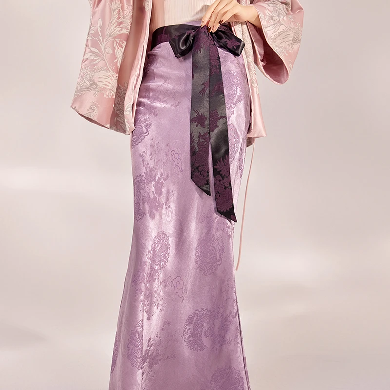 新款新中式国风高端槿紫色时尚包臀鱼尾人丝性感气质半裙女 M9003