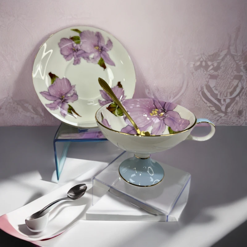 粉色蝴蝶兰高脚手绘手工咖啡杯金边紫色餐具茶杯碟陶瓷精致单杯碟