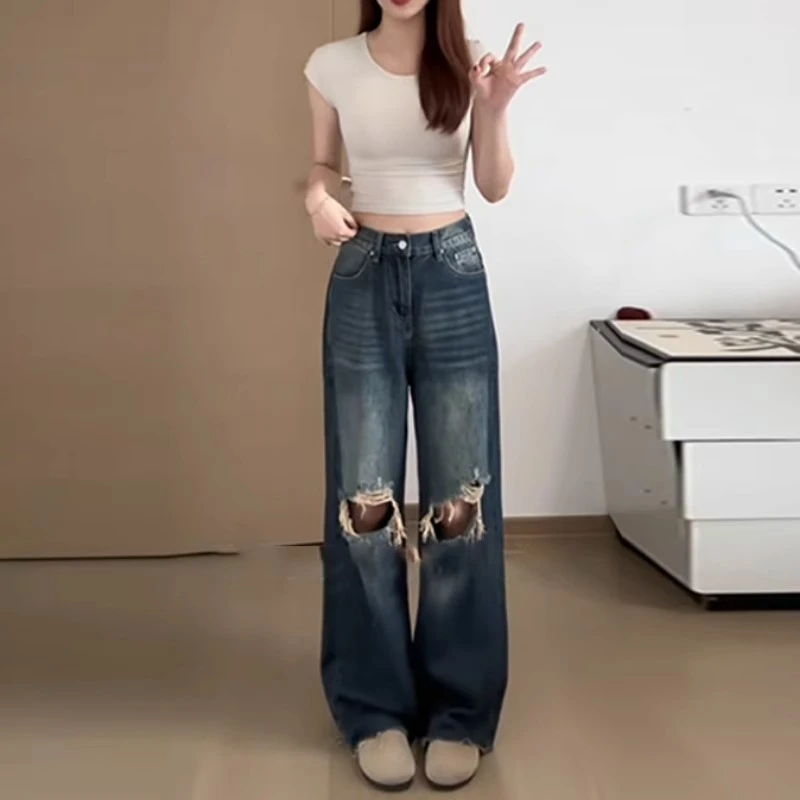 复古毛边破洞牛仔裤夏季胖MM大码女装宽松设计感显瘦直筒阔腿裤子
