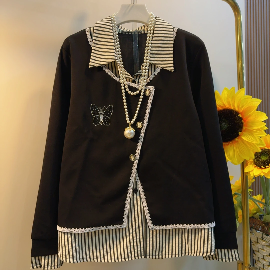 QQY秋冬新款条纹拼接假两件翻领遮肉大码上衣