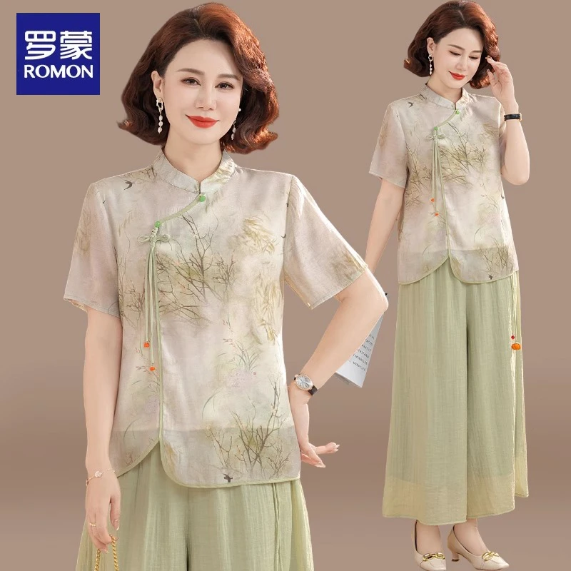 罗蒙新中式妈妈夏装套装2025新款中老年女装夏季雪纺衫民族风上衣